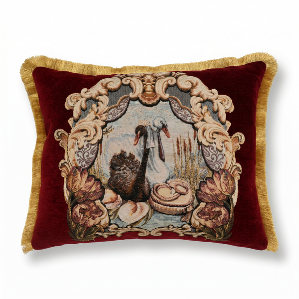 Burgundy Swan Aria: Jacquard Damask Lumbar Pillow Cover – Embroidered – Cord Trim