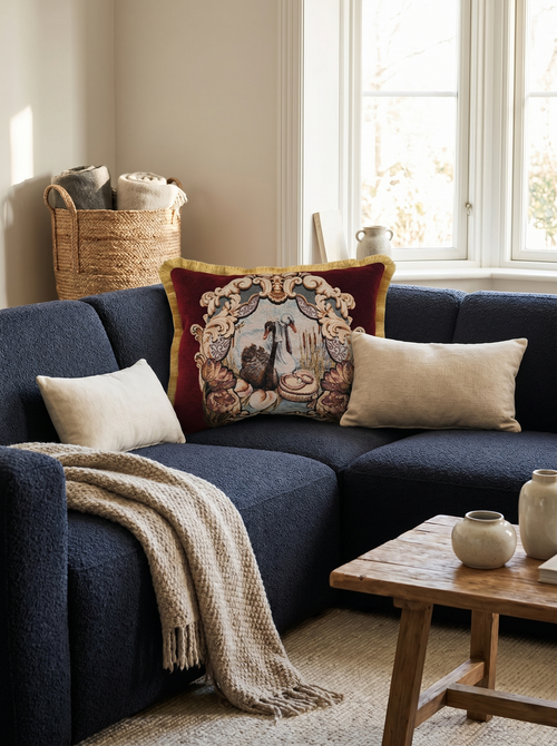 Burgundy Swan Aria: Jacquard Damask Lumbar Pillow Cover – Embroidered – Cord Trim