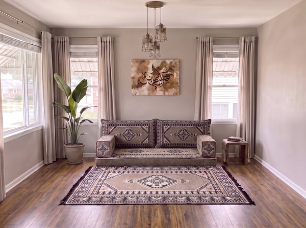 Marineblaues arabisches Sofa mit Ottomane und Teppich, Bodensitzkissen, Arabisches Jalsa-Set, Ecksofa, Arabische Sofagarnitur, Marokkanisches Sofa