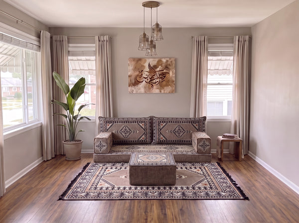 Marineblaues arabisches Sofa mit Ottomane und Teppich, Bodensitzkissen, Arabisches Jalsa-Set, Ecksofa, Arabische Sofagarnitur, Marokkanisches Sofa