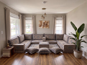 Braunes Bodensofa-Sitzset, Eckbodenkissen, U-förmiges arabisches Sofa-Set, Palettensofas, Ecksofas