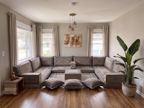 Taupe Palace Elegance pattern U-shaped Arabic floor sofa set with backrest and armrest pillows by Arabic Sofa