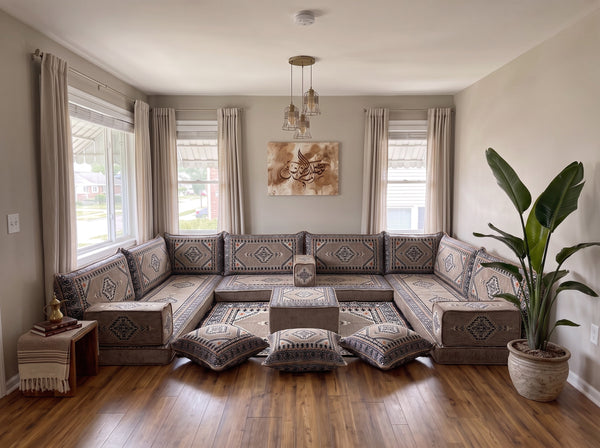 Braunes Bodensofa-Sitzset, Eckbodenkissen, U-förmiges arabisches Sofa-Set, Palettensofas, Ecksofas