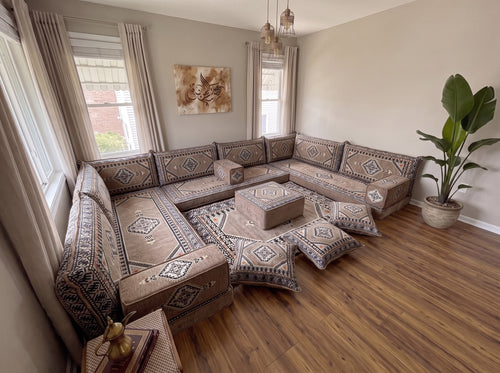 Braunes Bodensofa-Sitzset, Eckbodenkissen, U-förmiges arabisches Sofa-Set, Palettensofas, Ecksofas