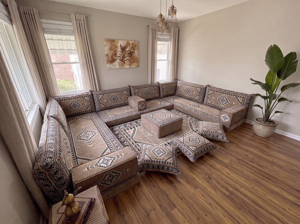 Taupe Palace Elegance pattern U-shaped Arabic floor sofa set, photo 2 of 5