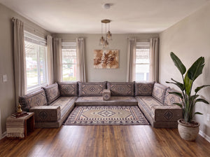 Braunes Bodensofa-Sitzset, Eckbodenkissen, U-förmiges arabisches Sofa-Set, Palettensofas, Ecksofas