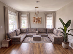 Braunes Bodensofa-Sitzset, Eckbodenkissen, U-förmiges arabisches Sofa-Set, Palettensofas, Ecksofas
