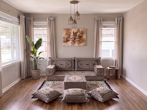 Marineblaues arabisches Sofa mit Ottomane und Teppich, Bodensitzkissen, Arabisches Jalsa-Set, Ecksofa, Arabische Sofagarnitur, Marokkanisches Sofa