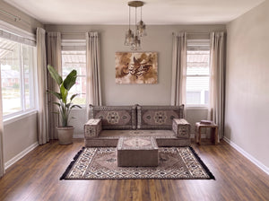 Marineblaues arabisches Sofa mit Ottomane und Teppich, Bodensitzkissen, Arabisches Jalsa-Set, Ecksofa, Arabische Sofagarnitur, Marokkanisches Sofa