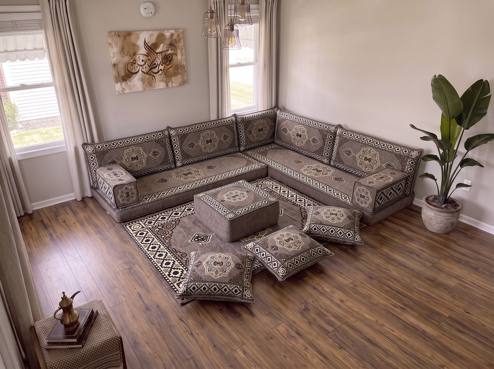 4 Zoll dickes L-Sofa-Set, arabisches Ecksofa, L-förmiges marineblaues türkisches Sofa, orientalische Bodenkissen, arabischer Majlis, traditionelles Wohnzimmersofa, arabisches Jalsa-Set