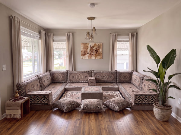 Braunes Bodensofa-Sitzset, Eckbodenkissen, U-förmiges arabisches Sofa-Set, Palettensofas, Ecksofas