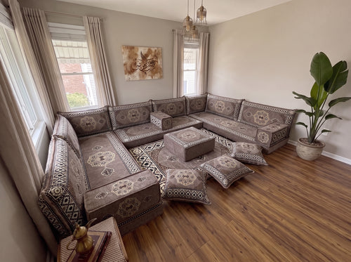 Braunes Bodensofa-Sitzset, Eckbodenkissen, U-förmiges arabisches Sofa-Set, Palettensofas, Ecksofas