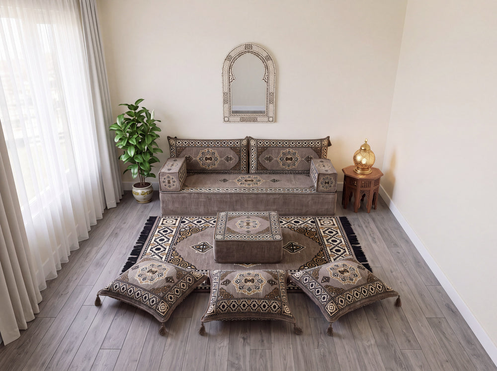 Marineblaues arabisches Sofa mit Ottomane und Teppich, Bodensitzkissen, Arabisches Jalsa-Set, Ecksofa, Arabische Sofagarnitur, Marokkanisches Sofa