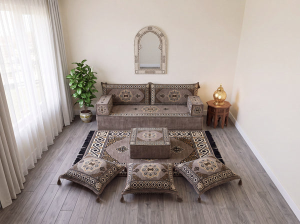 Taupe Moon Serenade: Single Floor Sofa Set – Custom Majlis Sofa – Washable Floor Sofa Cover – Handmade Living Room Furniture