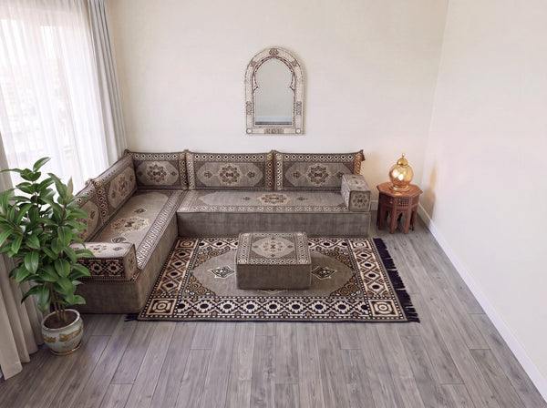 4 Zoll dickes L-Sofa-Set, arabisches Ecksofa, L-förmiges marineblaues türkisches Sofa, orientalische Bodenkissen, arabischer Majlis, traditionelles Wohnzimmersofa, arabisches Jalsa-Set