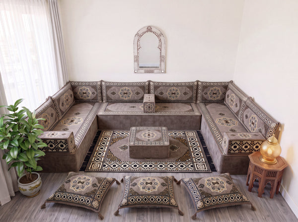 طقم جلوس أريكة أرضية بني، وسائد أرضية زاوية، طقم أريكة عربية على شكل حرف U، أرائك خشبية، أرائك مقسمة