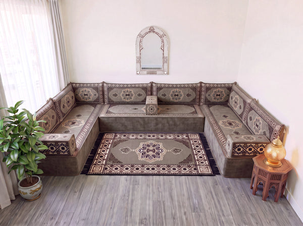 طقم جلوس أريكة أرضية بني، وسائد أرضية زاوية، طقم أريكة عربية على شكل حرف U، أرائك خشبية، أرائك مقسمة