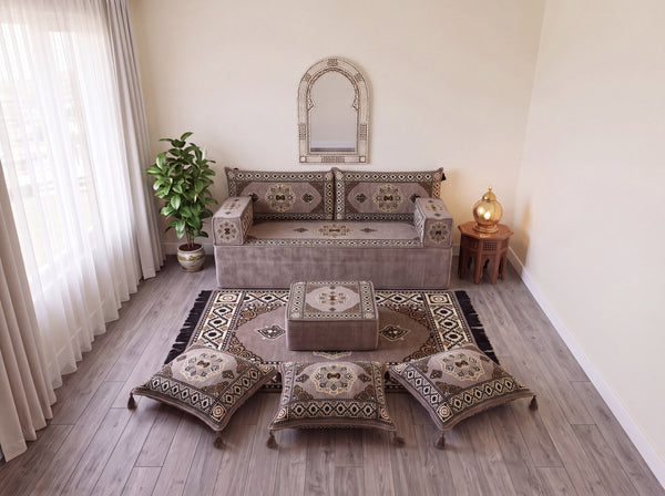 Taupe Moon Serenade: Single Floor Sofa Set – Custom Majlis Sofa – Washable Floor Sofa Cover – Handmade Living Room Furniture