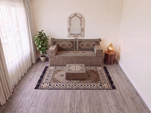 Taupe Moon Serenade: Single Floor Sofa Set – Custom Majlis Sofa – Washable Floor Sofa Cover – Handmade Living Room Furniture