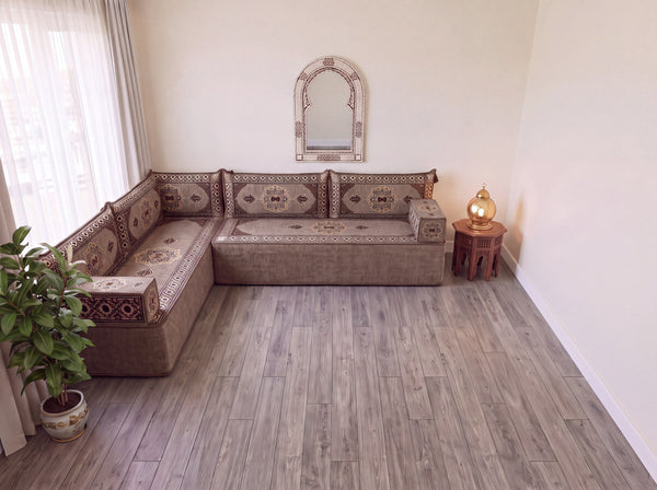 4 Zoll dickes L-Sofa-Set, arabisches Ecksofa, L-förmiges marineblaues türkisches Sofa, orientalische Bodenkissen, arabischer Majlis, traditionelles Wohnzimmersofa, arabisches Jalsa-Set