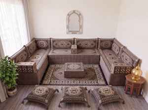 طقم جلوس أريكة أرضية بني، وسائد أرضية زاوية، طقم أريكة عربية على شكل حرف U، أرائك خشبية، أرائك مقسمة