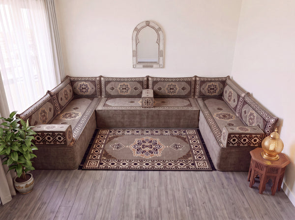 طقم جلوس أريكة أرضية بني، وسائد أرضية زاوية، طقم أريكة عربية على شكل حرف U، أرائك خشبية، أرائك مقسمة