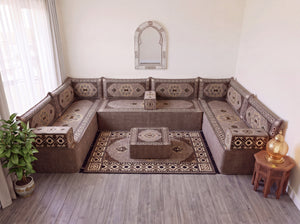 طقم جلوس أريكة أرضية بني، وسائد أرضية زاوية، طقم أريكة عربية على شكل حرف U، أرائك خشبية، أرائك مقسمة