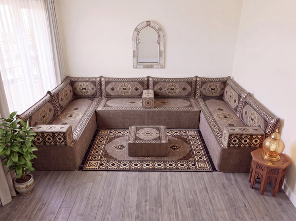 طقم جلوس أريكة أرضية بني، وسائد أرضية زاوية، طقم أريكة عربية على شكل حرف U، أرائك خشبية، أرائك مقسمة