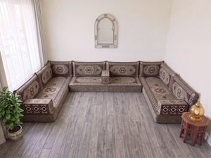 طقم جلوس أريكة أرضية بني، وسائد أرضية زاوية، طقم أريكة عربية على شكل حرف U، أرائك خشبية، أرائك مقسمة