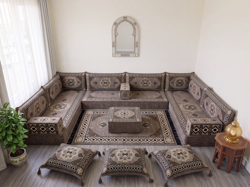Taupe Moon Serenade: U Shaped Floor Sofa Set – Custom Majlis Sofa – Washable Arabic Floor Cushion – Living Room Furniture