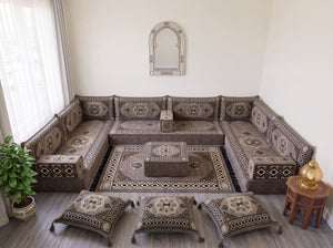 طقم جلوس أريكة أرضية بني، وسائد أرضية زاوية، طقم أريكة عربية على شكل حرف U، أرائك خشبية، أرائك مقسمة
