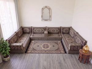 طقم جلوس أريكة أرضية بني، وسائد أرضية زاوية، طقم أريكة عربية على شكل حرف U، أرائك خشبية، أرائك مقسمة
