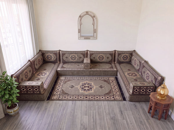 طقم جلوس أريكة أرضية بني، وسائد أرضية زاوية، طقم أريكة عربية على شكل حرف U، أرائك خشبية، أرائك مقسمة