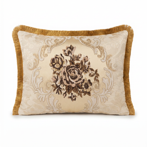 Faded Tea Rose: Embroidered Brocade Lumbar Cushion – Damask – Rope Piping