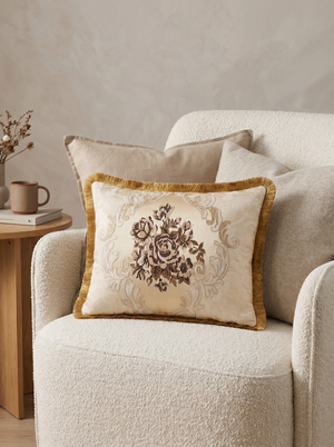 Faded Tea Rose: Embroidered Brocade Lumbar Cushion – Damask – Rope Piping
