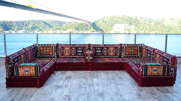 Premium U Shaped Arabic Sofa Set, Maroon Floor Cushions, Arabic Seating Floor Sofa, Backrests, Moroccan Sofas