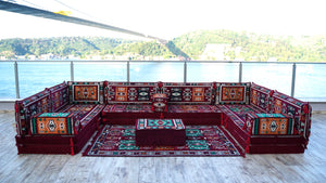 Premium U Shaped Arabic Sofa Set, Maroon Floor Cushions, Arabic Seating Floor Sofa, Backrests, Moroccan Sofas