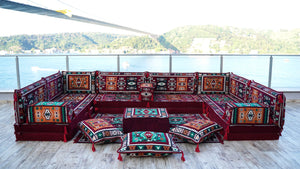 Premium U Shaped Arabic Sofa Set, Maroon Floor Cushions, Arabic Seating Floor Sofa, Backrests, Moroccan Sofas