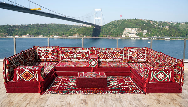 Maroon Anatolian Hearth: U Shaped Floor Sofa Set – Moroccan Style Sofa – Arabic Majlis – Middle Eastern Floor Sofa