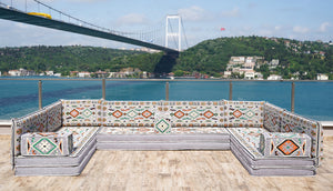 U Shaped Arabic Floor Sofa Set, Gray Floor Cushions, Balcony Patio Sofas, Pallet Sofa, Ethnic Sofa, Moroccan Sofas