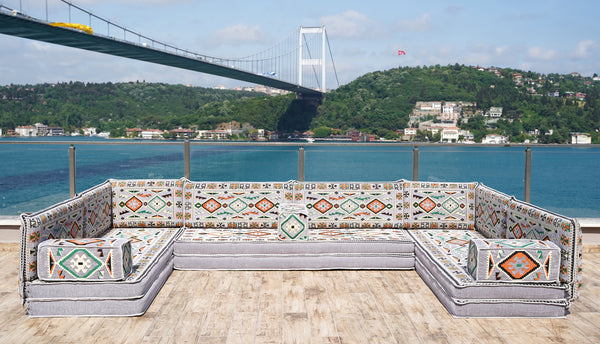 U Shaped Arabic Floor Sofa Set, Gray Floor Cushions, Balcony Patio Sofas, Pallet Sofa, Ethnic Sofa, Moroccan Sofas