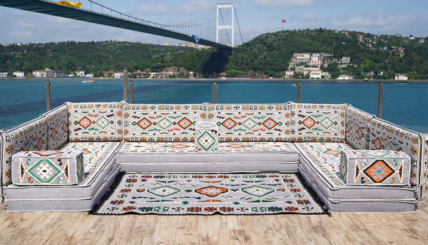 U Shaped Arabic Floor Sofa Set, Gray Floor Cushions, Balcony Patio Sofas, Pallet Sofa, Ethnic Sofa, Moroccan Sofas
