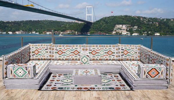 U Shaped Arabic Floor Sofa Set, Gray Floor Cushions, Balcony Patio Sofas, Pallet Sofa, Ethnic Sofa, Moroccan Sofas