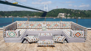U Shaped Arabic Floor Sofa Set, Gray Floor Cushions, Balcony Patio Sofas, Pallet Sofa, Ethnic Sofa, Moroccan Sofas