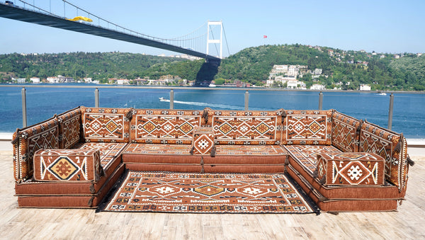 Braunes Bodense-Sofa, U-förmiges arabisches Sofa-Set, modulares Palettensofa, Indoor-Bodenkissen, marokkanische Wohnzimmer-Heimdekoration