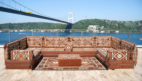 Braunes Bodense-Sofa, U-förmiges arabisches Sofa-Set, modulares Palettensofa, Indoor-Bodenkissen, marokkanische Wohnzimmer-Heimdekoration