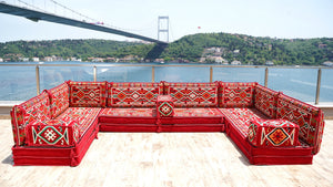 Red Arabic Floor Sofa Cover, Sectional Sofa, U Shaped Pallet Cushion, Ethnic Pillow Set, Indoor Sofa Set
