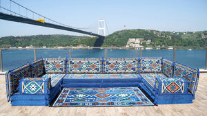 Royal blue Anatolian Hearth pattern U-shaped Arabic floor sofa set, photo 12 of 12