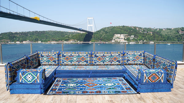 Royal blue Anatolian Hearth pattern U-shaped Arabic floor sofa set, photo 12 of 12