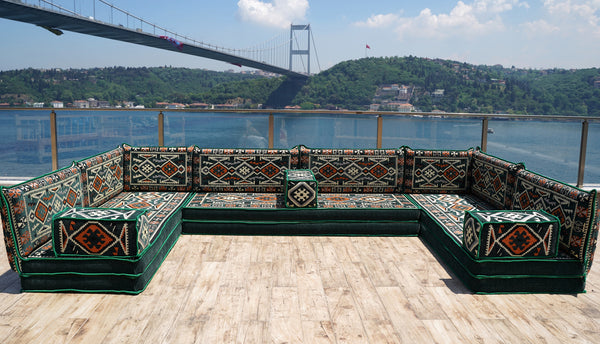 Green Anatolian Hearth pattern U-shaped Arabic floor sofa set, photo 13 of 13
